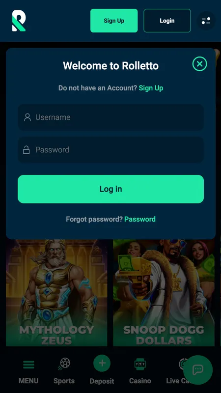 Rolletto login screen with username and password fields