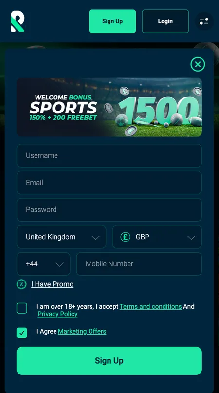 Rolletto registration form with country and currency selection