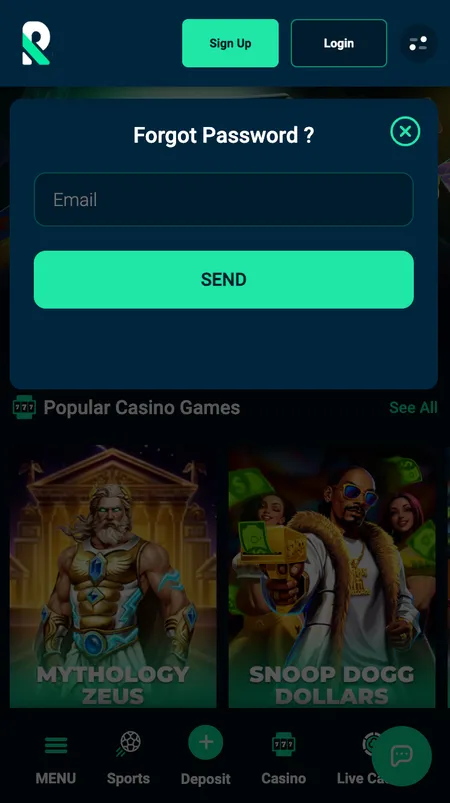 Rolletto password reset screen